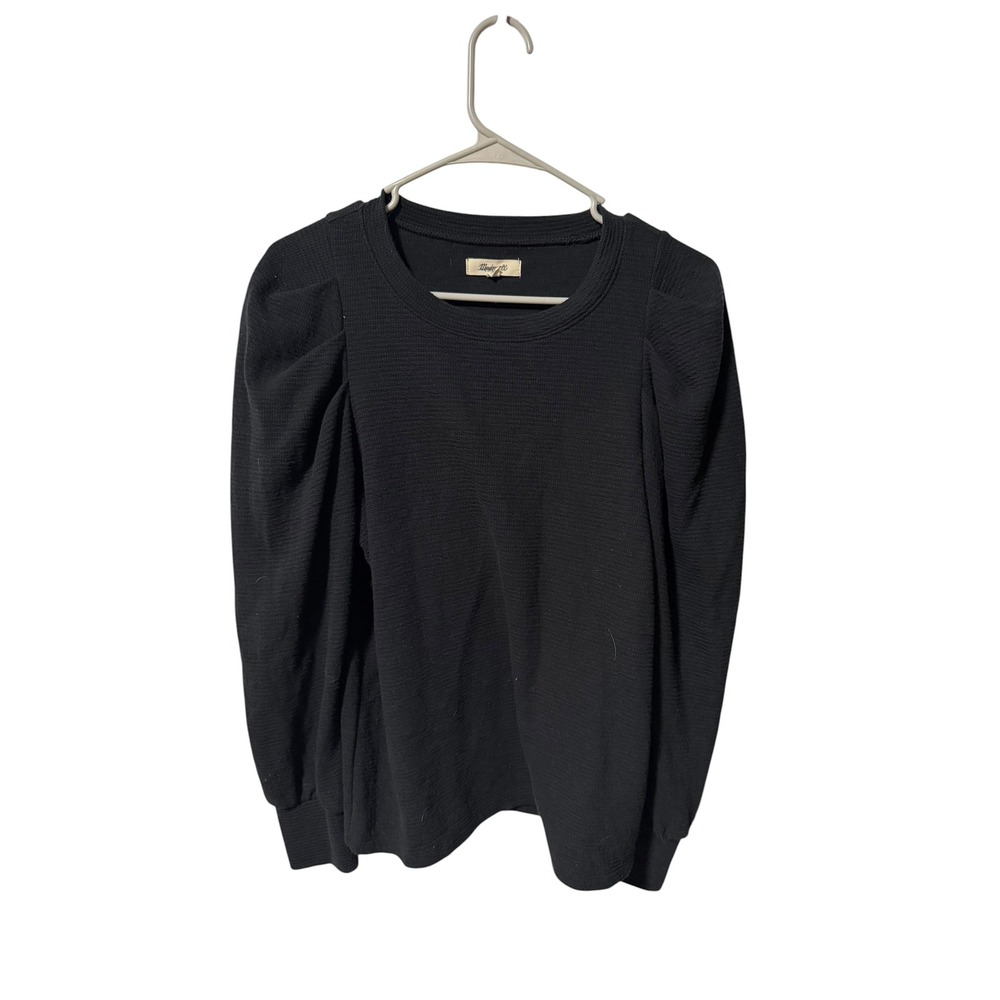 Madewell Size Medium Black Textured Puff Sleeve Top Pleated Shoulder Sweatshirt